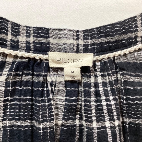 Pilcro by Anthropologie Plaid Ruffle Neck Blouse Navy Cream Medium - Picture 5 of 11